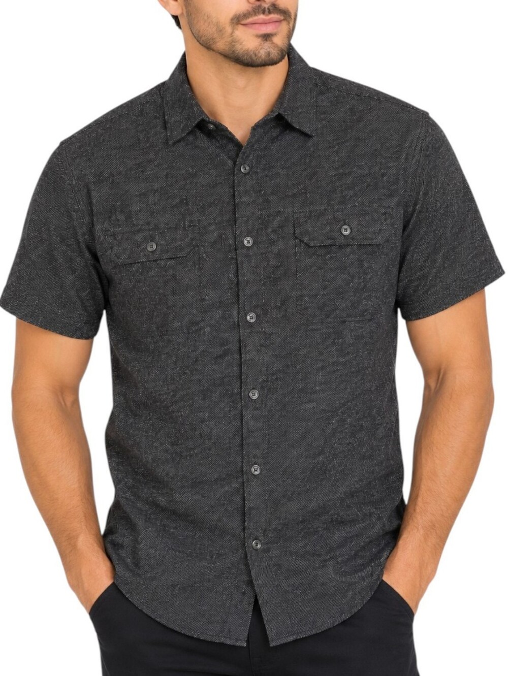 Kenneth Cole New York Mens Slim Fit Short Sleeve Button Up Shirt Charcoal Grey L